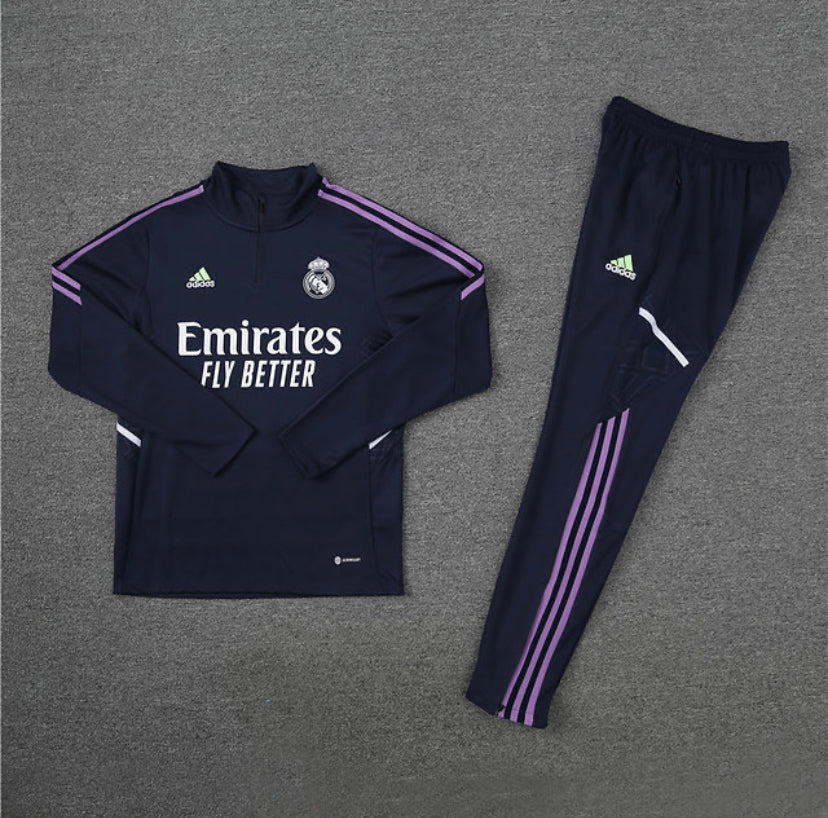 Real Madrid 1/4 Zip Striped Tracksuit - Navy / Lilac